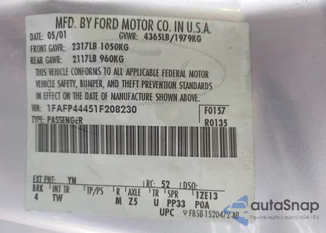 2001 Ford Mustang z USA, uszkodzony, nr VIN 1FAFP44451F208230